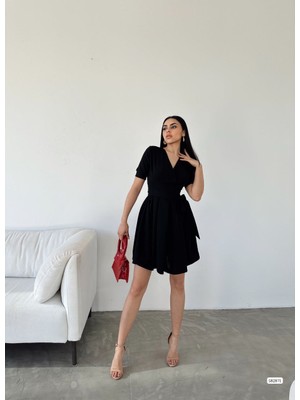 Trend Esinty Kadın Kruvaze Yaka Kısa Kol Mini Kloş Elbise