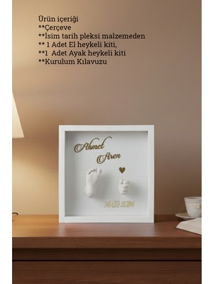 Verda Çerçeve  25X25X7 cm Bebek El Ayak Beyaz Heykel Yapım Kiti ve Beyaz Derin Anı Çerçevesi 3D Kalıp Alma