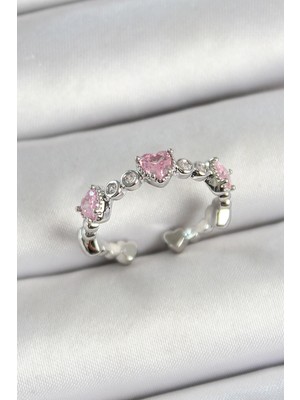 VeraGlobe Buğz Pirinç Sıralı Kalp Figürlü Zirkon Taşlı Gümüş Renk Ayarlanabilir Kadın Yüzük