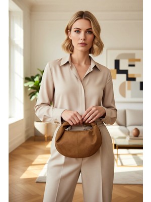 Benerly Kadın Mini Oval Omuz Çanta Fermuarlı Kısa Büzgülü Saplı Dokuma Görünümlü Günlük Kullanım Aksesuar