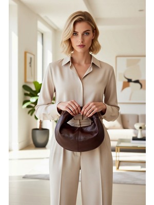 Benerly Kadın Mini Oval Omuz Çanta Fermuarlı Kısa Büzgülü Saplı Dokuma Görünümlü Günlük Kullanım Aksesuar