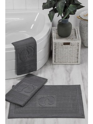 Braventa Collection Formeya 3'lü Ayak Izli Ayak Havlusu - Paspas Banyo Seti (3 Adet) (Antrasit)
