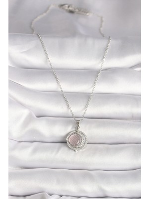 VeraGlobe Buğz 316L Çelik Gümüş Renk Zirkon Taşlı Pembe Sedefli Hilal Model Kadın Kolye