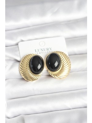 VeraGlobe Buğz Pirinç Gold Renk Siyah Boncuklu Oval Vintage Kadın Küpe