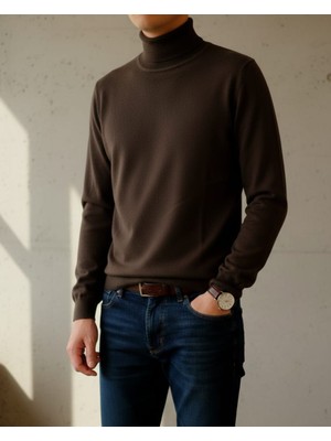 Sdnyazo Premium Erkek Kahverengi Balıkçı Yaka Slim Fit Triko Kazak
