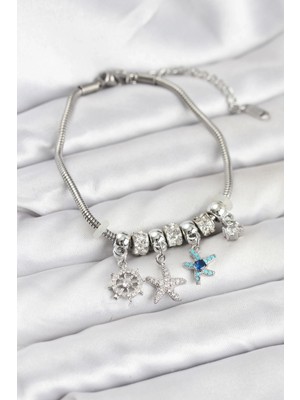 VeraGlobe Buğz Pirinç Gümüş Renk Deniz Tema Charmlı Kadın Bileklik