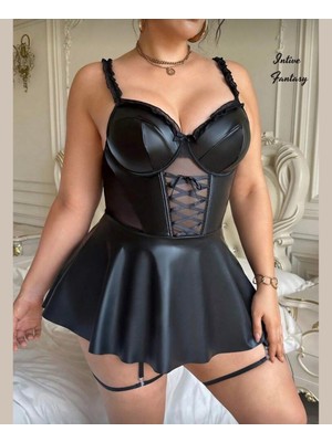 Intive Lingerie Intive Fantasy Büyük Beden Jartiyerli Deri Görünümlü Bağlama ve Transparan Detaylı Gecelik -Limited