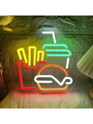 Kamer Neon LED Işıklı Hamburger Kola Patates Cipsi Fast Food