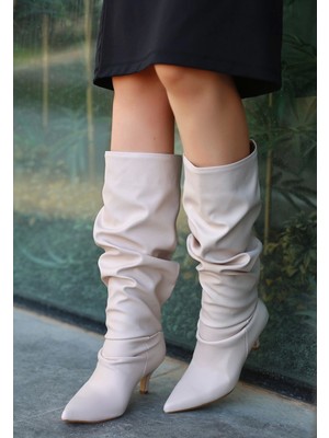 Bilfold Zelya Bej Cilt Topuklu Çizme