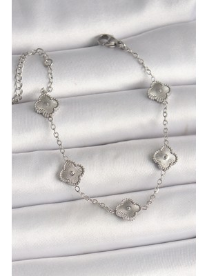 VeraGlobe Buğz 316L Çelik Gümüş Renk Işlemeli Baby Boy Yonca Model Kadın Bileklik