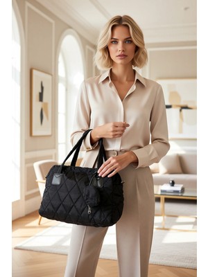 Benerly Kadın Büyük Beden Kapitone Puf El ve Omuz Çantası Cüzdanlı Düz Desenli Dokuma Paraşüt Kumaş