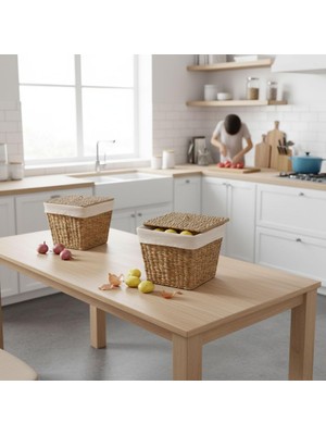 Braventa Collection Hasır Yuvarlak Ekmek Sepeti, Içi Bezli Çok Amaçlı Dekoratif Sepet ve Mutfak Düzenleyici (18X18X8 Cm)