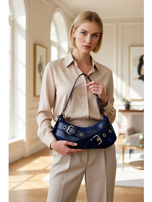 Benerly Kadın Kuşgözü Detaylı Kemer Toka Fermuarlı Baget Omuz Çanta Ayarlanabilir Askılı Parlak Yüzeyli