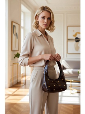 Benerly Kadın Omuz Çantası Dokulu Dokuma Materyal Zımba Detaylı Geniş Iç Hacimli Günlük Kullanım