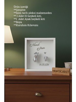 Verda Çerçeve  25X25X7 cm Bebek El Ayak Gümüş Heykel Yapım Kiti ve Beyaz Derin Anı Çerçevesi 3D Kalıp Alma