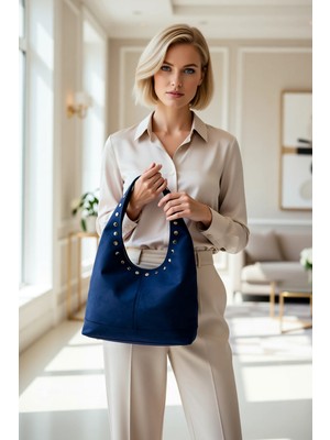 Benerly Kadın Oval Orta Boy Omuz Çantası Zımba Detaylı Düz Dokuma Yüzey Fermuarlı Iç Bölme Geniş Hacimli