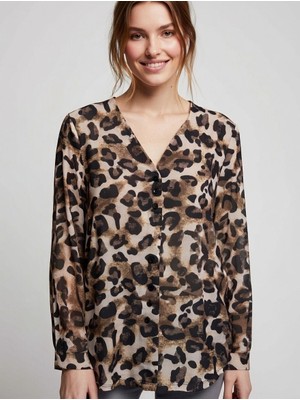 Merlavin Kadın Iki Iplik Kumaş Leopar Desen Düğmeli Bluz