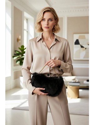 Benerly Kadın Suni Kürk Omuz Çanta Zincir Askılı Fermuar Kapamalı Dokuma Materyal Şık Gece Kullanım