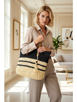 Benerly Kadın Büyük Beden Hasır El Örgüsü Dokuma Omuz Çantası Geniş Iç Hacimli Konforlu Taşıma Şık