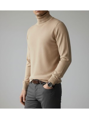 Sdnyazo Premium Erkek Krem Balıkçı Yaka Slim Fit Triko Kazak