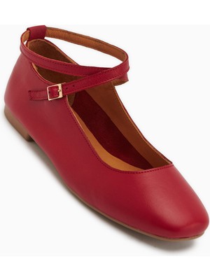 Limoya Ameli Hakiki Deri Kırmızı Çapraz Bantlı Balerin Kadın Ayakkabısı
