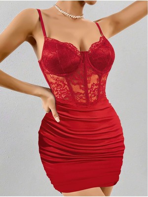 Intive Lingerie Kadın Kırmızı Transparan Karın ve Dantel Detaylı Gece Kıyafeti 5150
