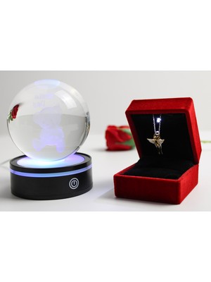 Trend Robo Sevgiliye Aşk Dolu Hediye Işıklı Dönen Cam Küre ve 925 Ayar Gümüş Sarılan Sevgili Kolyesi