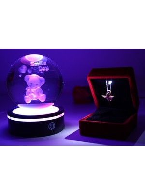 Trend Robo Sevgiliye Aşk Dolu Hediye Işıklı Dönen Cam Küre ve 925 Ayar Gümüş Sarılan Sevgili Kolyesi