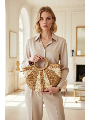 Benerly Kadın Oval Hasır Dokuma Renk Bloklu Orta Boy El Çantası Çift Saplı Günlük Kullanım Estetik