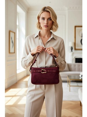 Benerly Kadın Mürdüm Dokulu Mini Omuz Çantası Ayarlanabilir Askılı Toka Detaylı Düz Tasarım Günlük