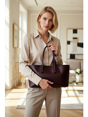 Benerly Kadın Örgü Detaylı Midi Boy Omuz Çantası Dokulu Günlük Kullanım Için Geniş Hacimli