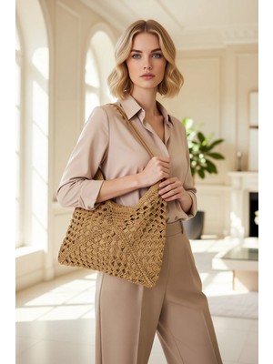 Benerly Kadın Hasır Görünümlü El Örgüsü Dokuma Orta Boy Omuz Çanta Geometrik Desenli Geniş Hacimli Yapı