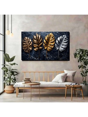 3D Metal Efektli Yaprak Kanvas Tablo – Gold & Silver Modern Duvar Dekoru