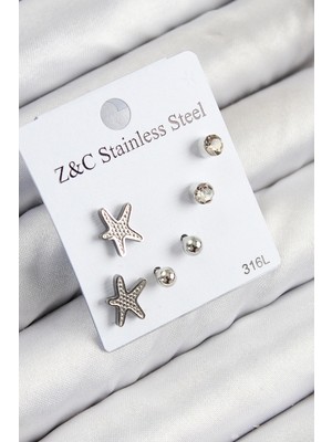 VeraGlobe Buğz 316L Çelik Zirkon Taşlı Deniz Yıldızı Model Gümüş Renk Kadın Set Küpe