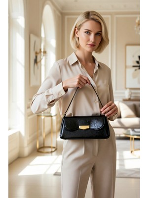 Benerly Kadın Mini Omuz Çantası Kırışık Dokuma Yüzey Düz Desen Ayarlanabilir Askı Kilitli Kapama Kompakt