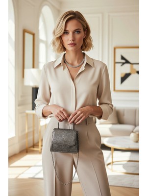 Benerly Kadın Taşlı Mini Kapaklı Zincir Askılı Metal Saplı Abiye Özel Gün Clutch El Çantası Modern