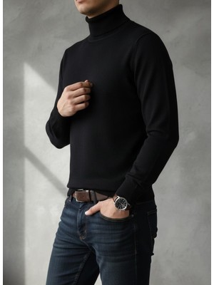 Sdnyazo Premium Erkek Siyah Balıkçı Yaka Slim Fit Triko Kazak