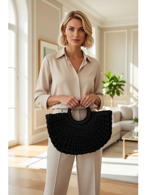 Benerly Kadın Hasır Dokuma Oval Orta Boy El Çantası Geniş Iç Hacimli Yuvarlak Saplı Günlük Kullanım