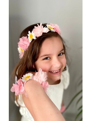 Kirpi Toka Papatya ve Pudra Lazer Çiçekli Kız Çocuk Saç Bandı Bileklik Seti