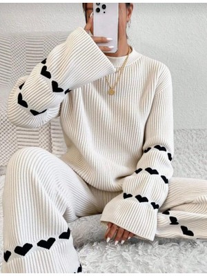 Twomeey Kadın Kalp Desenli Kazak Pantolon Ikili Triko Takım