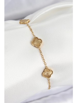 VeraGlobe Buğz 316L Çelik Gold Renk Yonca Kadın Bileklik