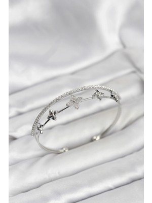 VeraGlobe Buğz Pirinç Gümüş Renk Çiçek Model Kadın Bileklik