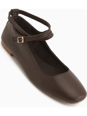 Limoya Ameli Hakiki Deri Kahve Çapraz Bantlı Balerin Kadın Ayakkabısı