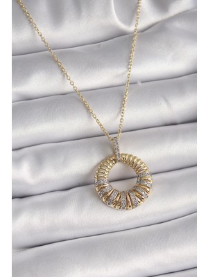 VeraGlobe Buğz 316L Çelik Gold Renk Zincir Gümüş Zirkon Taşlı Daire Model Kadın Kolye