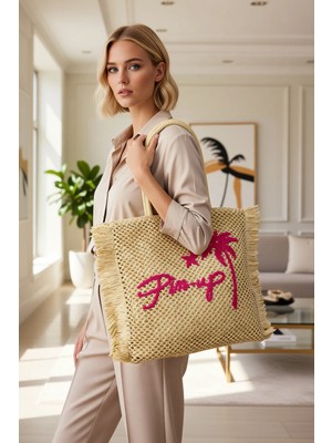 Benerly Kadın Büyük Beden Hasır Maksi Tote Omuz Çanta Nakış Detaylı Püsküllü Geniş Iç Hacimli Yazlık