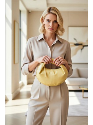 Benerly Kadın Mini Oval Omuz Çanta Fermuarlı Kısa Büzgülü Saplı Dokuma Görünümlü Günlük Kullanım Aksesuar