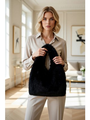 Benerly Kadın Suni Kürk Metal Halka Detaylı Omuz ve El Çantası Düz Desen Örme Dokulu Günlük Kullanım Kış