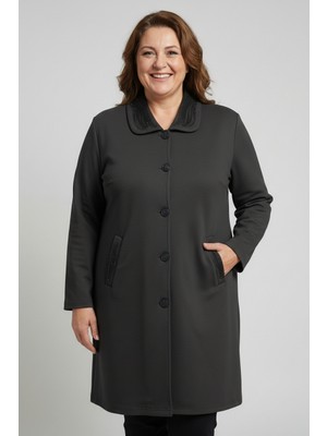 Laden Triko Mevsimlik Çelik Örgü Büyük Beden Nakışlı Taşlı Kap Uzun Hırka Siyah Anne Hırka