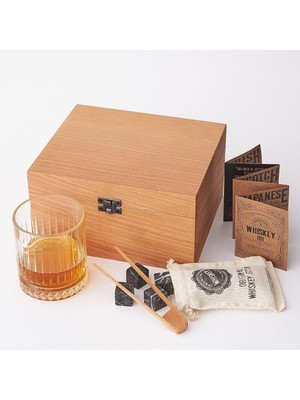 Braventa Collection Kayın Ahşap Kutulu Viski Kadeh Viski Bardağı 4 Soğutucu Taş Seti Bambu Maşa