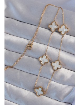 VeraGlobe Buğz 316L Çelik Gold Renk Beyaz Sedefli Yonca Kolye